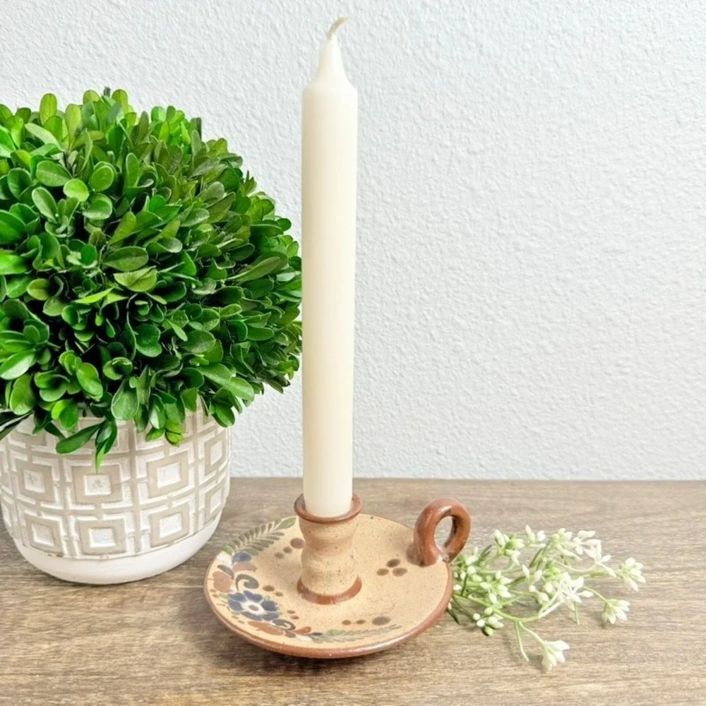 Vintage Mexican Pottery Candle Holder Folk‎ Art Floral Stoneware Chamberstick